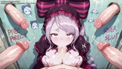 ai_female ai_generated big_breasts bow bowtie bowtie_on_head color colored cum cum_on_breasts cum_on_face female girl glory_hole heart-shaped_pupils hell-pantsu hi_res nipples overlord_(maruyama) penis penis_in_mouth perfect_body red_eyes shalltear_bloodfallen silver_hair toilet vampire vampire_girl