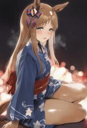 ai_generated animal_ears blue_eyes clothed female grass_wonder_(umamusume) hair_accessory horse_girl kimono light_brown_hair long_hair markings_on_head sweat thighs umamusume umamusume_pretty_derby