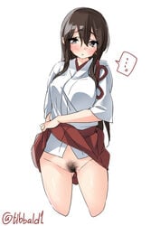 ... akagi_(kantai_collection) bangs black_eyes blush breasts brown_hair cowboy_shot cropped_legs ebifurya eyebrows_visible_through_hair female gluteal_fold groin hair_between_eyes hakama_skirt highres japanese_clothes kantai_collection large_breasts lifted_by_self long_hair looking_at_viewer no_panties open_mouth pubic_hair pussy pussy_juice sidelocks simple_background skirt skirt_lift solo spoken_ellipsis twitter_username white_background