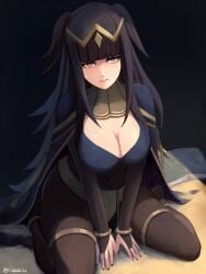 black_hair blunt_bangs bodystocking book bracelet breasts bridal_gauntlets cape circlet cleavage female fire_emblem fire_emblem_awakening gold_bracelet gold_thighlet highres jewelry labebebe_lee large_breasts long_hair looking_at_viewer medium_breasts nintendo on_ground sitting solo tharja_(fire_emblem) thighlet wariza
