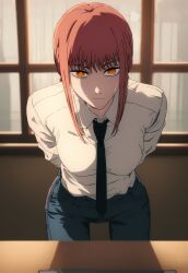 ai_generated arms_behind_back beautiful_girl black_jeans black_tie braid braided_hair breasts chainsaw_man desk expressionless female full_body hourglass_figure looking_at_viewer makima_(chainsaw_man) medium_breasts office orange_eyes pixel_dream_gen red_hair ringed_eyes sexy_woman solo sunset sweaty white_shirt