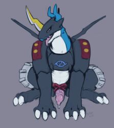 2017 animal_genitalia animal_penis armor claws d-sui digimon erection feral looking_at_viewer male male_only penis quadruped raidramon scalie simple_background solo tongue