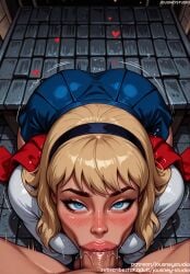 1boy :>= ai_generated all_fours ass bangs black_hairband blonde_hair blue_eyes blue_skirt blush bodysuit breasts clothed_female clothed_female_nude_male clothed_sex clothing dc dc_comics english_language english_text erection fellatio female footwear gwen_stacy gwendolyn_maxine_stacy hairband headwear heart indoors jousneystudio kara_danvers kara_kent kara_zor-el large_breasts light-skinned_female light_skin lips looking_at_viewer makeup male male_pov marvel nose nude_male oral penis pov_crotch saliva sex shiny_skin shirt skirt solo_focus spider-gwen spider-man_(series) straight supergirl superman:_the_animated_series superman_(series) sweat text thick_lips thighs uniform veins veiny_penis
