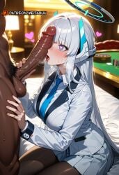 1boy ai_generated balls black_pantyhose blazer blue_archive blue_necktie blunt_bangs blush breasts collared_shirt dark-skinned_male dark_skin dress_shirt erection fellatio female grey_hair grey_skirt halo handjob heart heart-shaped_pupils indoors interracial jacket large_breasts large_penis licking licking_penis long_hair long_sleeves male male_pubic_hair mechanical_halo meita miniskirt necktie noa_(blue_archive) nude open_mouth oral pantyhose patreon_logo patreon_username penis penis_awe penis_on_face pleated_skirt poker_chip pubic_hair saliva shirt sidelocks sitting skirt solo_focus straight suit sweat symbol-shaped_pupils testicles tongue tongue_out uncensored veins veiny_penis very_long_hair white_hair white_jacket white_shirt white_skirt white_suit