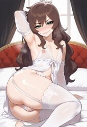 1boy 1femboy 2025 ai_generated alternate_version_available ass babydoll bed bed_sheet bedroom big_ass blush brown_hair crossdressing day daytime femboy feminine_male garter_straps girly green_eyes indoors kono_subarashii_sekai_ni_shukufuku_wo! lingerie looking_at_viewer lying lying_on_side male nelethos nipples panties satou_kazuma see-through see-through_babydoll see-through_clothes see-through_clothing solo stockings sweat sweatdrop trap underwear white_babydoll white_garter_straps white_panties white_stockings white_underwear