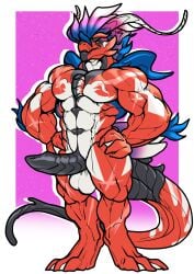 anthro balls claws cock dick elbow_tuft furry hair head_tuft horn koraidon male male_only markings muscles muscular muscular_male penis pokemon pokemon_(species) red_body solo solo_focus solo_male tail testicles trencalos