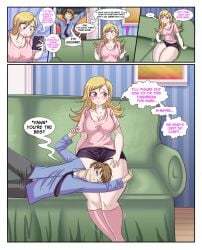 1boys 1girls 2020 absurd_res after_transformation ass ass_expansion big_ass big_breasts black_tie blonde_hair blue_shirt blush breast_expansion breasts brown_hair bulge cleavage colored comic couch curvy cute dialogue english_text eyelashes female gender_transformation genderswap_(mtf) grey_pants hair_growth head_on_lap huge_thighs human identity_death lap_pillow lime-tg long_hair male mtf_transformation nervous nervous_smile pale-skinned_female pale-skinned_male pink_shirt purple_short_shorts purple_shorts red_eyes rule_63 shirt short_hair short_shorts shorts sleeping sleeping_on_lap socks speech_bubble thick_thighs thigh_expansion thought_bubble thunder_thighs tie tight_shorts tired tired_eyes transformation white_shirt white_socks wholesome wide_hips window