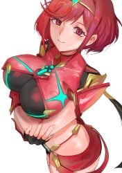 arms_under_breasts arqa bob_cut breasts chest_jewel female fingerless_gloves gloves highres impossible_clothes impossible_leotard large_breasts leotard light_smile looking_at_viewer micro_shorts pyra pyra_(xenoblade) red_eyes red_hair red_leotard red_shorts short_hair shorts simple_background smile solo swept_bangs tiara white_background xenoblade_(series) xenoblade_chronicles_(series) xenoblade_chronicles_2