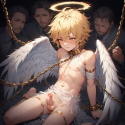 ai_generated angel angel_boy angel_wings blonde_hair blonde_hair_male blonde_male bondage chained_up chains collar femboy halo imprisoned restrained small_penis