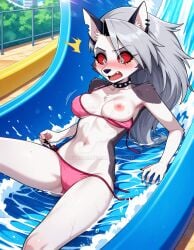 1girls 2025 ai_generated anthro belly bikini black_dot_eyes black_eyebrows blush boobs_out breasts breasts_out deviantart elryusam eyebrows_visible_through_hair female furry hellhound helluva_boss long_hair loona_(helluva_boss) open_mouth pink_bikini pink_cheeks pool_background red_nipples shocked_expression spiked_collar tummy two-piece_swimsuit vivziepop wardrobe_malfunction white_eyes_female white_hair_female wolf wolf_girl youtube