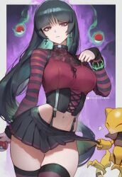 1girls abra ai_generated breasts cleavage female female_focus female_only goth goth_girl large_breasts light-skinned_female light_skin looking_at_viewer nintendo pokemon sabrina_(pokemon) setsuaiart skirt solo thighhighs thighs
