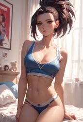 ai_generated bedroom bedroom_background blue_panties blue_sports_bra boku_no_hero_academia female female_focus female_only half_naked jinora12345 looking_at_viewer momo_yaoyorozu my_hero_academia pale-skinned_female pale_skin pillows sports_bra teenage_girl underwear