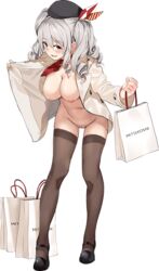 areolae beret black_legwear black_shoes black_thighhighs blue_eyes blush breasts eyebrows_visible_through_hair female female functionally_nude grey_hair hair_between_eyes hair_ornament hair_ribbon hat high_resolution holding_bag jacket jacket_pull kantai_collection kashima_(kantai_collection) large_breasts long_hair looking_at_viewer navel nipples nude nude_filter open_clothes open_jacket open_mouth paipan photoshop red_ribbon ribbon shoes silver_hair smile standing thigh_gap thighhighs thighs tied_hair twintails uncensored vagina white_cardigan white_jacket