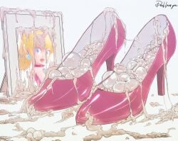 cum cum_in_clothes cum_in_footwear cum_on_clothes cum_on_heels cum_on_object cum_on_picture cum_on_shoes devil_loves_you devil_loves_you_(artist) female foot_fetish high_heels highres implied_sex mario_(series) mario_and_sonic_at_the_olympic_games nintendo offscreen_character offscreen_female photo_(object) picture_frame pink_footwear princess_peach shoes simple_background tagme