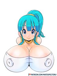 1girls artist_name big_breasts blue_eyes breasts bulma_briefs bust bust_style busty cleavage clothing dragon_ball female female_only hair huge_breasts hyper_nipples large_breasts matospectoru nipple_bulge patreon solo teenager url watermark