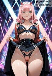 ai_generated aqua_eyes ass_visible_through_thighs bangs black_bra black_clothes black_panties black_skirt black_underwear blunt_bangs blush bow bra breasts cleft_of_venus clitoris clothes_lift clothes_pull clothing crotchless crotchless_panties darling_in_the_franxx female female female_only green_eyes hairband headwear horns indoors jacket jennieart02 large_breasts lifted_by_self lips long_hair long_sleeves looking_at_viewer medium_breasts navel nipples oni_horns open_clothes open_jacket panties pantsu parted_lips patreon patreon_logo patreon_username pink_hair pussy pussy_juice red_horns shirt skirt skirt_lift skirt_pull solo standing sweat thigh_gap thighs twitter twitter_username underwear vagina watermark white_hairband zero_two_(darling_in_the_franxx)