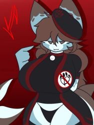 anthro anti_furry bell big_breasts black_panties commission furry furry_female logo multicolored_body multicolored_fin multicolored_tail no_sex only_female panties pointing_at_self shark_fin shark_girl shark_humanoid shark_tail shirt_logo smile solo_female thick_thighs