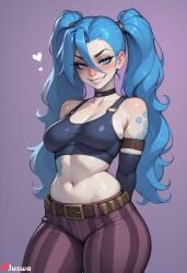 ai_generated arms_behind_back bangs bare_shoulders belt black_choker blue_eyes blue_hair blush breasts breasts brown_belt choker cleavage collarbone cowboy_shot crop_top cute female freckles grin hair_between_eyes heart huge_ass huge_breasts jinx_(league_of_legends) juswa large_ass large_breasts long_hair looking_at_viewer medium_breasts midriff navel pants purple_background shoulder_tattoo simple_background smile solo stomach striped striped_pants tattoo teeth thicc thick_thighs thighs twintails vertical_stripes