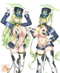 2girls :d :o adapted_costume bikini blue_archive blush central_control_center_(blue_archive) cigar_cat cow_print cow_print_bikini cow_print_swimsuit cow_print_thighhighs curvy fangs highlander_railroad_academy_student hikari_(blue_archive) logo looking_at_viewer multiple_girls nozomi_(blue_archive) slingshot_swimsuit thick_thighs wide_hips
