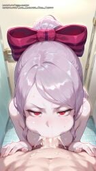 ai_female ai_generated blowjob blowjob_face bow bowtie bowtie_on_head breasts color colored cum cum_in_mouth female girl hell-pantsu hi_res overlord_(maruyama) perfect_body red_eyes shalltear_bloodfallen silver_hair small_breasts tears vampire vampire_girl