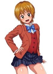 1girls 2020 2020s absurd_res ass_visible_through_thighs bare_thighs blazer blue_bow blue_bowtie blue_skirt blush bow bowtie brown_eyes brown_hair clothed clothed_female cowboy_shot dress_shirt female futari_wa_precure gluteal_fold hand_on_own_hip hi_res jacket looking_at_viewer maki_ikazuya matching_hair/eyes miniskirt misumi_nagisa open_mouth plaid_clothes plaid_skirt pleated_skirt precure pretty_cure red_jacket red_vest school_uniform schoolgirl shirt short_hair skirt smile smiling_at_viewer solo standing teenage_girl teenager thighs toei_animation upper_teeth_only variant_set verone_gakuin_school_uniform very_short_skirt vest white_background white_shirt wing_collar young young_female