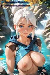 ai ai_assisted ai_generated anime artist_name black_gloves blue_eyes blush breasts closed_mouth collarbone day dibzprintz fansly female fingerless_gloves gloves hair_bun hi_res high_quality high_resolution highres hood hood_down jett_(valorant) large_breasts looking_at_viewer nipples outdoors partially_submerged riot_games single_hair_bun sleeveless smile solo tree upper_body valorant water waterfall watermark wet white_hair