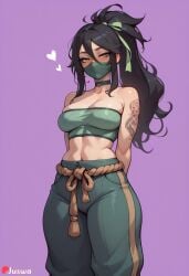 ai_generated akali arm_tattoo arms_behind_back artist_name bangs bare_shoulders black_hair blush breasts breasts choker cleavage crop_top cute female freckles green_pants green_ribbons hair_between_eyes hair_ribbon heart heart_choker huge_ass huge_breasts juswa large_ass large_breasts long_hair looking_at_viewer mask midriff mouth_mask navel pants ponytail purple_background ribbon rope shoulder_tattoo simple_background solo stomach strapless tattoo thicc thick_thighs thighs tube_top yellow_eyes