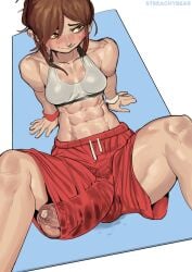 1futa abs brigitte brigitte_lindholm bulge bulge_down_leg bulge_through_clothing bulge_under_clothes looking_away muscles muscular_futanari precum solo_futa sports_bra sportswear streachybear sweat sweating sweaty sweaty_balls yoga yoga_mat yoga_pants