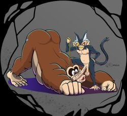 balls bent_over big_balls big_butt bondage dominant donkey_kong donkey_kong_(series) donkey_kong_bananza gay gorilla hanging_balls haplorhine holding_leash isdxiii jack-o_pose large_penis leash looking_at_penis male male/male monkey nintendo nude penis penis_on_face primate size_difference soft_bondage void_kong