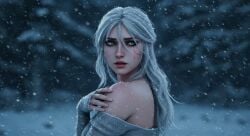 3d 3d_(artwork) 3d_model ai_generated ciri cirilla_fiona_elen_riannon cute green_eyes leshay7 pose snow the_witcher_(series) the_witcher_3:_wild_hunt white_background white_hair