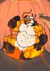 anthro ass avian beak belly bird brown_body canine ear_piercing ear_tuft earrings flexing furry gay head_tuft homosexual lava male male_only muscles muscular muscular_male piercing sequence stripes tail tongue tongue_out trencalos wolf yellow_body