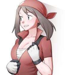 bandana breasts brown_hair cleavage collarbone collared_shirt commentary_request female gloves grey_eyes grin highres large_breasts looking_to_the_side may_(pokemon) medium_hair nintendo nutkingcall pokemon pokemon_rse popped_collar red_bandana red_shirt shirt short_sleeves smile solo sweat teeth undershirt white_background white_gloves