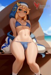 1boy 2d ai_generated ass bangs barefeet big_ass bikini blonde_hair bulge erection erection_under_clothes erophoenix feet full_body green_eyes looking_at_viewer looking_back male male_focus navel nude otoko_no_ko pale_skinned_male patreon_username penis sitting smile soles solo solo_male sweat swimsuit thick thick_thighs toes uncensored