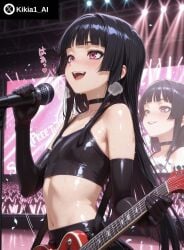 1boy ai_generated black_gloves black_hair black_skin black_stockings concert crop_top femboy flat_chest gloves hime_cut holding_guitar holding_microphone holding_object indoors kikia1 long_hair looking_at_another makeup male male_focus original_character otoko_no_ko otokonoko skinny skirt standing stockings toned upper_body