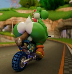 3d_(artwork) anthro anus ass balls big_butt blender_(artwork) closed_eyes digital_media_(artwork) feces genitals green_body huge_butt male mario_bros mario_kart motorcycle multicolored_body nintendo rear_view scat scatplay shell solo streetsign01 two_tone_body vehicle white_body yoshi