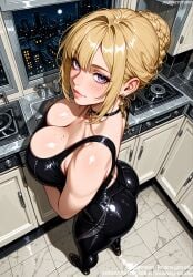 ai_generated arms_under_breasts ass bangs bare_shoulders black_bodysuit black_choker black_footwear blonde_hair blush bodysuit braid braided_bun breasts building choker city cityscape clavicle cleavage closed_mouth clothing dress earrings evelyn_chevalier female female female_only footwear from_above hair_bun high_heels hoyoverse huge_breasts indoors jewelry jousneystudio large_breasts latex lips looking_at_viewer mihoyo mole mole_on_breast mole_under_eye mole_under_mouth moon night night_sky original purple_eyes reflection shiny_clothes shiny_skin shoes sidelocks single_hair_bun sink sky sleeveless smile solo standing sweat thighs tight tile_floor tiles window zenless_zone_zero
