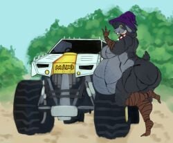 absurd_res anthro awful_lad bovid bovine caprine clothing collar female hat headgear headwear hi_res larger_female mammal mature_female maximum_destruction monster monster_jam monster_truck nude nude_anthro nude_female overweight pregnant rachel_waterman_(the_walten_files) sheep sheep_witch_(twf) size_difference solo spiked_collar spikes stitch_(sewing) the_walten_files truck vehicle witch_hat