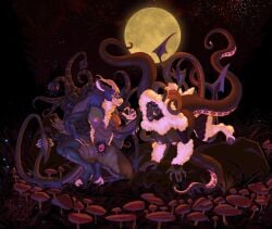 anthro balls big_balls big_breasts bovid breasts caprine claws clitoris demon duo elemental_creature fangs female flabberd forest forest_background full_moon fungi_fauna fungus genitals goat grass hooves horizontal_pupils horn hybrid inner_ear_fluff looking_at_viewer mammal monster moon multi_eye multi_tail mushroom mushroom_cap nature nature_background neck_tuft night outside plant pseudo_hair pupils pussy rock sharp_teeth sheep sky spikes spines star starry_sky tail teeth tentacle tentacle_hair tree tuft