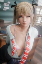 1girls 3d blender blonde_hair blue_eyes bra cute dead_or_alive eye_contact female light-skinned_female marie_rose open_shirt pinup school_uniform schoolgirl spectra3d teasing teenage_girl teenager