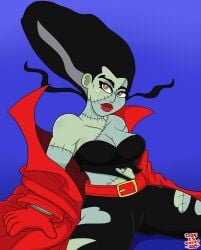 1girls belt belt_buckle big_hair creature_commandos dc dc_comics dc_extended_universe dcau dopeisnukat female green_skin pink_eyes red_gloves red_jacket red_lipstick sfw stitches the_bride the_bride_(creature_commandos) thighs undead_female