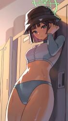 absurdres black_hair blue_archive blue_eyes breasts female green_halo grunel halo highres indoors looking_at_viewer medium_breasts midriff navel official_alternate_costume saki_(blue_archive) saki_(swimsuit)_(blue_archive) short_hair solo standing thighs