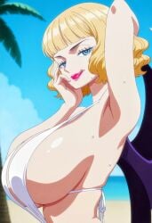 1girls absurd_res absurdres ai_generated anime anime_screencap anime_style arm_behind_head armpits bangs beach big_breasts bikini blonde_female blonde_hair blue_eyes blunt_ends breasts clothing demon_wings female female_only half-closed_eyes hand_on_face hi_res highres huge_breasts large_breasts licking_lips light-skinned_female light_skin lipstick looking_at_viewer numbleg one_piece shiny_skin skindentation slingshot_swimsuit smug solo solo_female stussy_(one_piece) sweat sweatdrop tongue tongue_out wavy_hair wings