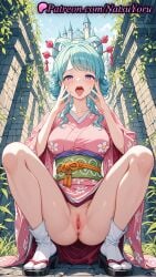 1girls 2025 ai_generated anus bangs blush breasts floral_print flower full_body genitals geta green_hair hair_ornament hair_stick hi_res highres japanese_clothes kanzashi kimono komurasaki kozuki_hiyori large_breasts looking_at_viewer nail_polish natsuyoru no_panties obi one_piece open_mouth outdoors patreon pink_kimono purple_eyes pussy sandals sash sidelocks socks solo spread_legs squatting tabi tongue tongue_out uncensored vagina voluptuous voluptuous_female wafuku white_socks