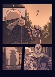 2boys 4koma ? absurdres bald cigarette comic completely_nude cum cumdrip curly_hair female floating green_eyes green_hair highres magazine_(object) multiple_boys nude one-punch_man shadow short_hair smoking tatsumaki ttf