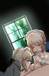 2girls alternate_costume artoria_pendragon artoria_pendragon_(alter) ball_sucking balls bangs blonde_hair blush braid breasts cleavage collaborative_fellatio cum enmaided facial fate/grand_order fate_(series) fellatio french_braid hair_ribbon maid maid_headdress medium_breasts multiple_fellatio multiple_girls oral p9_(susisasimi) penis pov_crotch ribbon side_view teamwork testicles upper_body wrist_cuffs yellow_eyes