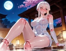 ai_generated balecxi bloodborne blush cherry_blossoms doll_joints female gloves green_eyes large_breasts moon naked_towel night onsen plain_doll robot_joints sitting solo wet white_hair