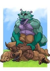 anal anthro ass brown_body canid canine canis claws dal_(dal_your_pal) domestic_dog dragon furry gay german_shepherd green_body homosexual male male/male male_only male_penetrating markings muscles muscular muscular_male pecs penetration penis pubes pubic_hair purple_body reptile semen sex spots stripes tail tongue tongue_out trencalos tusks vein