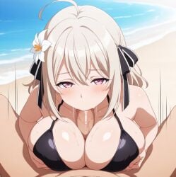 1boy 1girls ai_generated beach big_penis bikini blowjob blush bouncing_breasts breast_grab flower_in_hair gigantic_breasts hair_ribbon huge_breasts huge_cock light-skinned_female light-skinned_male light_skin lily_(spy_kyoushitsu) massive_breasts medium_hair nude nude_male oral_sex paizuri penis pink_eyes spy_kyoushitsu squatting sweat sweatdrop thick_body thick_female titjob veiny_penis voluptuous voluptuous_female white_hair zenky-kun