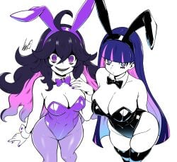 2girls absurdres animal_ears blunt_bangs bow bowtie breasts cleavage colored_inner_hair detached_collar fake_animal_ears hex_maniac highres large_breasts leotard long_hair looking_at_viewer lughost medium_breasts multicolored_hair multiple_girls nintendo panty_&_stocking_with_garterbelt playboy_bunny pokemon pokemon_xy purple_eyes purple_hair rabbit_ears simple_background smile standing stocking_anarchy strapless strapless_leotard two-tone_hair very_long_hair