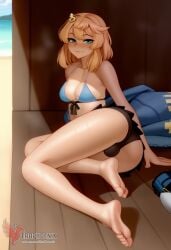 1boy 2d ai_generated ass bangs barefeet big_ass bikini blonde_hair bulge erection erection_under_clothes erophoenix feet full_body green_eyes looking_at_viewer looking_back male male_focus navel nude otoko_no_ko pale_skinned_male patreon_username penis sitting smile soles solo solo_male sweat swimsuit thick thick_thighs toes uncensored
